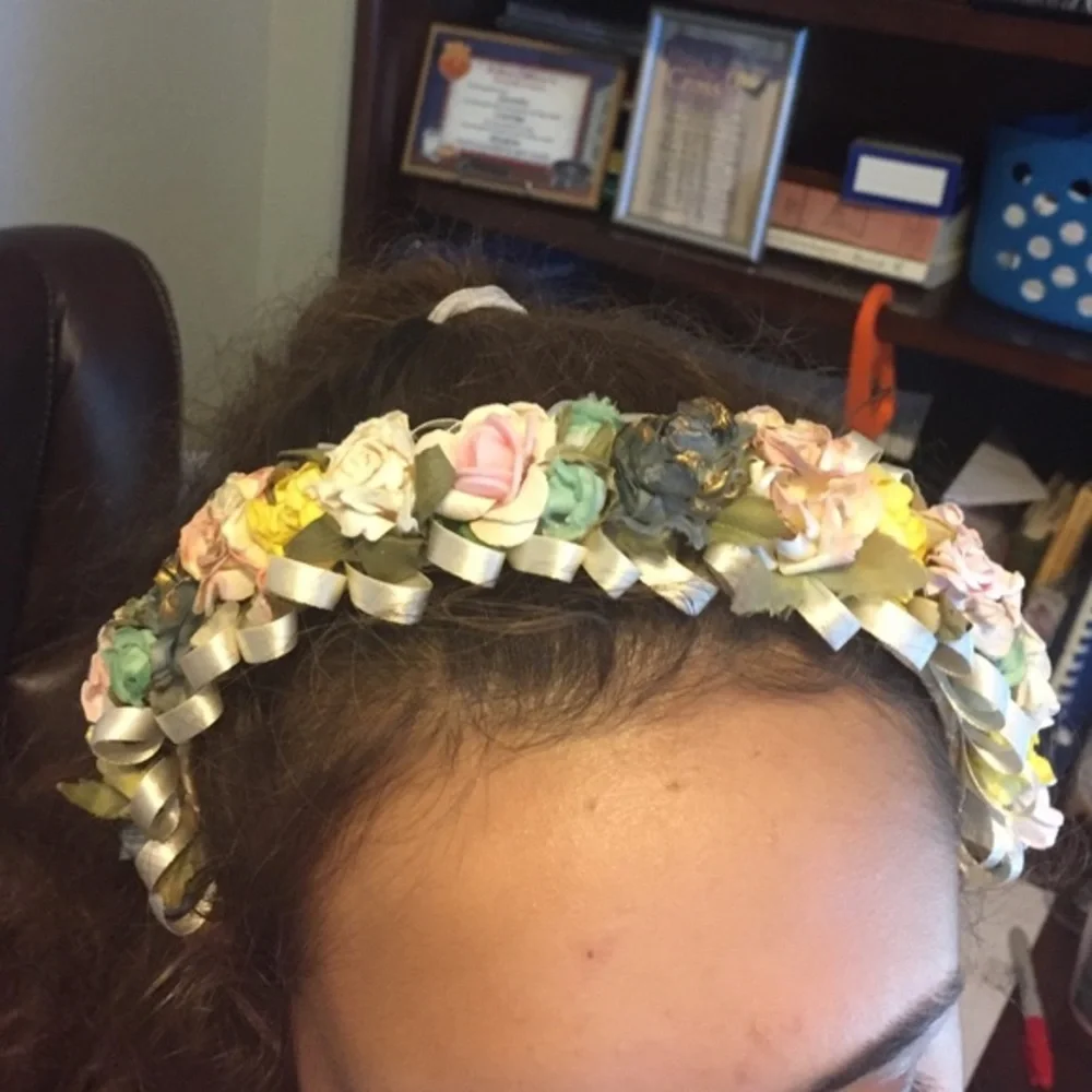 Beautiful HANDMADE headband with COLORFUL flowers and CREAM ribbon